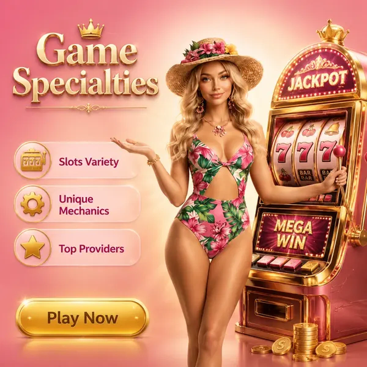 Elegante vrouw presenteert gokkasten bij Gambloria Casino specialty arcade
