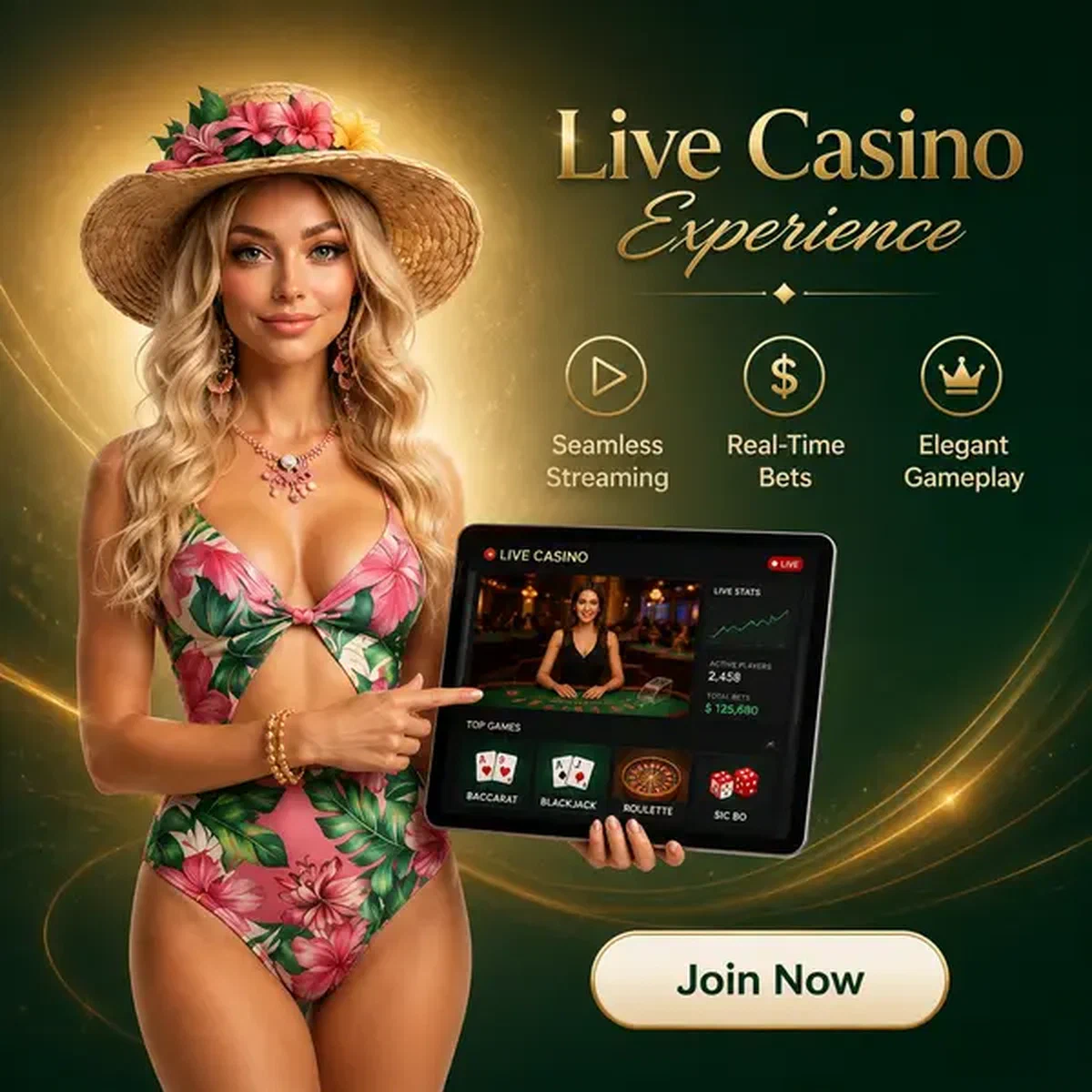 Live dealer-actie bij Gambloria met elegante host die HD-streamingtechnologie toont