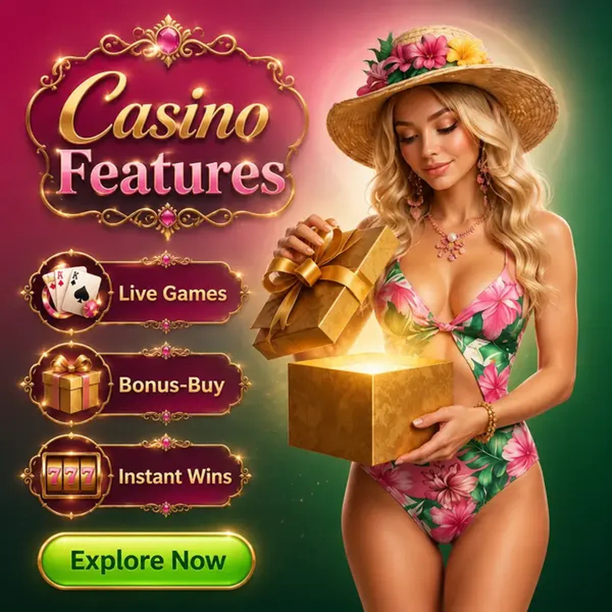 Elegante VIP-speler ontdekt Gambloria Casino Features in gouden schatkist