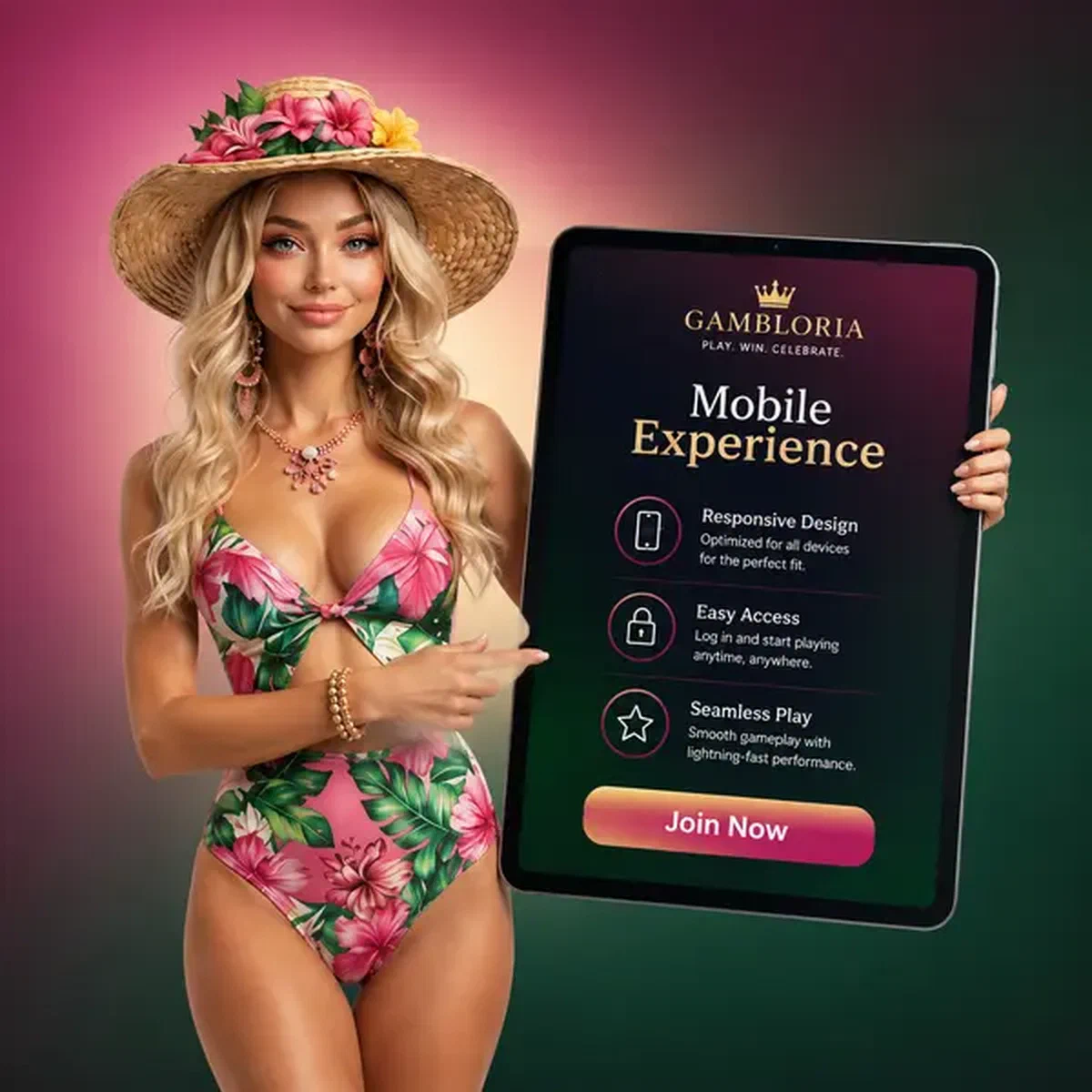 Jogador aproveitando experiência do aplicativo móvel Gambloria com elegante interface de tablet